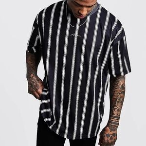 Classic Black White Mens Striped Tee XL Boohooman